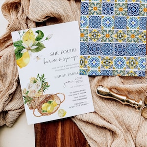 Mediterranean Lemon Bridal Shower Invitation Template, She Found Her Main Squeeze Invitation, Italian bridal shower invitation, Watercolor