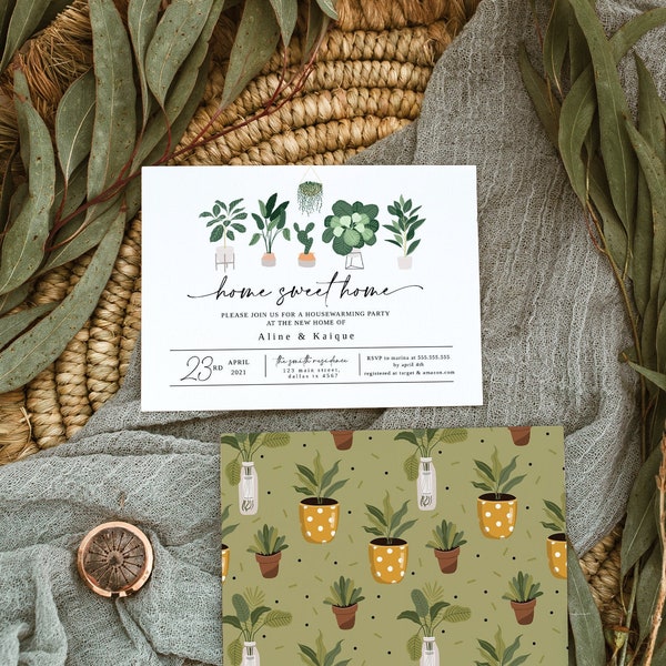 Greenery Housewarming Party Invitation, Housewarming Party Invitation Template, New Home Invitation, New Address Card Template, Plant Lady