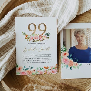 99. Geburtstagseinladung, eleganter 99. Geburtstag einladen, Blumen elegante Geburtstagseinladungsvorlage für Erwachsene, 99. Geburtstagsfeier, Evite DIY