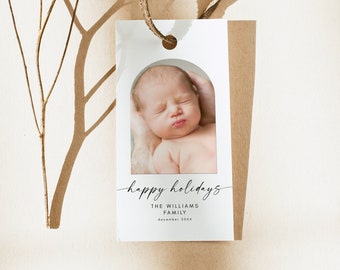 Modern Photo Holiday Gift Tag Template, Minimalist Christmas Photo Gift Tag Printable, Editable Holiday Gift Tags, 2024 Christmas Favor Tag