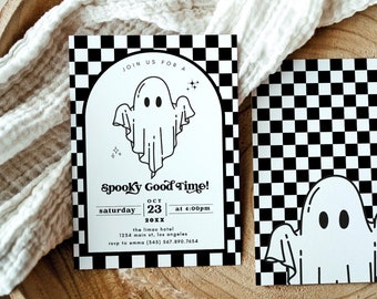 Plantilla de invitación a fiesta de Halloween retro y maravillosa, invitación de temporada espeluznante, texto de prohibición de Halloween fantasma, invitación de Halloween 2024 DIY