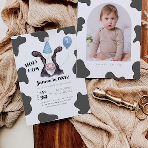 Invito per il primo compleanno di un bambino a forma di mucca, invito per il compleanno di un bambino a forma di mucca sacra, invito per il primo compleanno di un bambino a forma di fattoria, fattoria di un bambino a forma di mucca sacra, invito elettronico