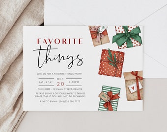 May include: A white invitation card with red and green illustrations of wrapped gifts. The text on the card reads "FAVORITE things" and includes details for a "Favorite Things Party" on December 20th.