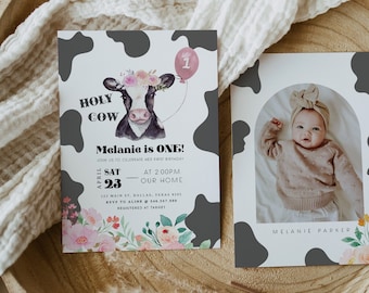 Cow First Birthday Invitation Template, Holy Cow I'm One, Cow 1st Birthday Invite, Editable Boy Birthday Invitation, Farm Birthday