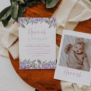 Shelby | Garden Spring 1st birthday Invitation, Girl 1st Birthday Invitation Template, Watercolor Floral Purple Invitation, Editable, DIY