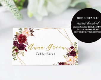 Fall Wedding place cards template, DIY Wedding Place Cards Instant Download, Autumn Wedding Place Cards Escort Cards, Burgundy Wedding