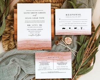 Julia | Terracotta Wedding Invitation, Burnt Orange Wedding Invitation Template, Bohemian Rust Watercolor Wedding Invite Kit Fall Wedding