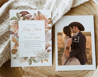 Zaproszenie na Baby Shower w kolorze spalonej pomarańczy, szablon zaproszenia na Baby Shower w stylu jesiennym, zaproszenie na Baby Shower w stylu boho, zaproszenie na jesień i jesień, Evite