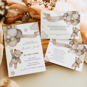 Bear Balloon Baby Shower Invitation Set, We Can Bearly Wait Invitation, Gender Neutral Baby Bear Invitation, Baby Bear Shower Invitation DIY