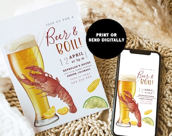 May include: A printable invitation for a "Beer & Boil" party with a cartoon illustration of a glass of beer with a crawfish, lemon slices, corn, and lime. The text on the invitation reads "Join us for a Beer & Boil! 12 April at 3 p.m. Reynolds's House 1234 Vila Green Avenue Denver, Colorado Text to Emma 444-555-666 Print or Send Digitally".