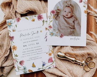 Martha | Our Little Wildflower is Turning One, Wildflower First Birthday Invitation, Wildflower Garden Birthday, Butterfly Kisses