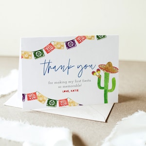 Fiesta Birthday Thank You Card, First Fiesta Thank You Card Template, Editable Mexican Party Thank You, Watercolor Fiesta, Flat and Folded
