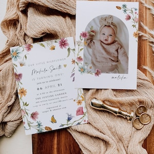 Martha | Our Little Wildflower is Turning One, Wildflower First Birthday Invitation, Wildflower Garden Birthday, Butterfly Kisses