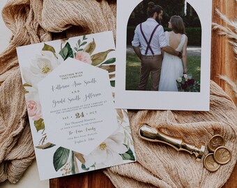 Magnolia Wedding Invitation Template, Editable Magnolia Wedding Invite, Boho Magnolia Wedding, Wedding Invitation Digital Download, Templett