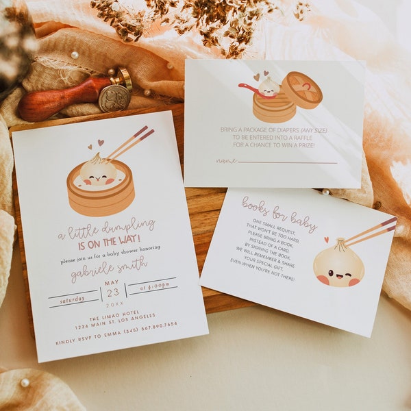 Dumpling Baby Shower Einladung Set, Dumpling Babyparty Einladung, Bao Dumpling Baby Shower Bundle, Bücher für Baby, Windel-Verlosung