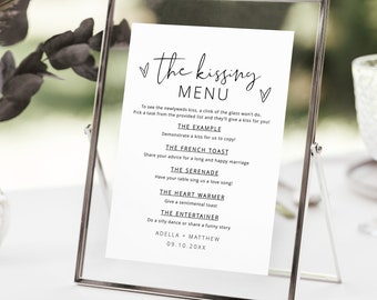 Menu de baisers de mariage, jeu de mariage de menu de baisers, jeu de table de réception de mariage, fête de signalisation de mariage moderne, jeu de menu de baisers, bricolage modifiable