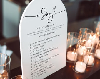 Jogo de casamento I Spy, cartão e placa para impressão, modelo editável, busca minimalista de fotos, hashtag, download instantâneo, Templett