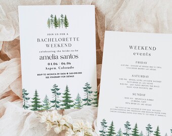 May include: Two white cards with green tree illustrations for a bachelorette weekend. The left card says "Join us for a Bachelorette Weekend" and lists the bride's name, dates, and location. The right card lists weekend events.