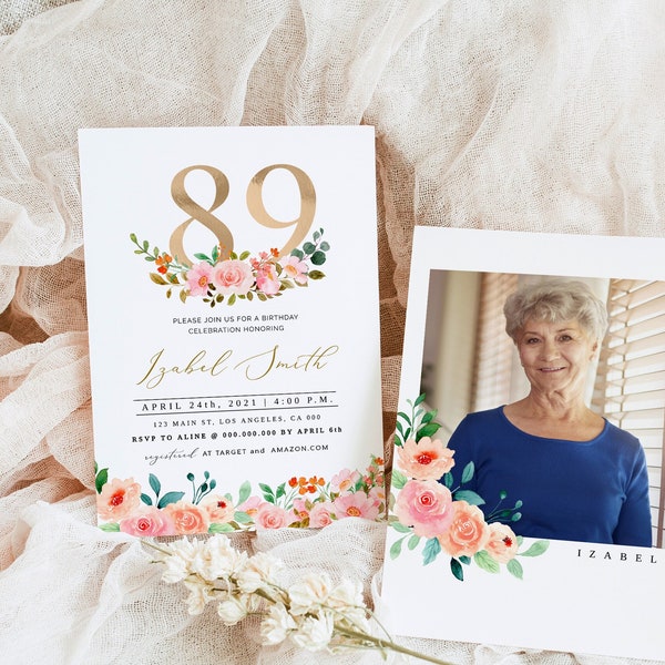 89th Birthday Invitation, Elegant Birthday Invitation Gold Floral, Adult Birthday Electronic Invitation, Birthday Invitation for Women, DIY