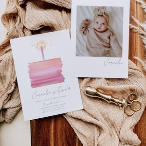 Boho Girl 1. Geburtstagseinladung, rosa Geburtstagskuchen einladen, einfache 1. Geburtstagseinladung, Aquarell, bearbeitbares 1. Geburtstagskind, DIY