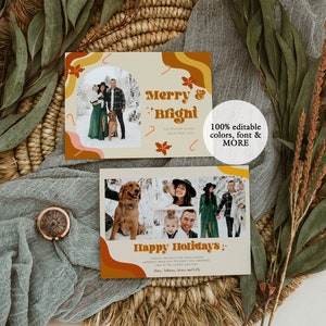 Carte de vœux de Noël Boho Arch avec photo, modèle de carte de Noël rétro groovy, carte de vœux rétro groovy modifiable 2024 bricolage Boho Chic