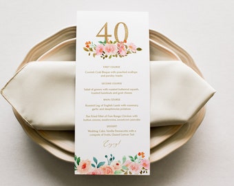 Plantilla de menú de cumpleaños rosa rubor, plantilla de menú floral editable en 2 tamaños, decoración de cumpleaños floral dorada, para cualquier edad, decoración de cumpleaños para mujeres.