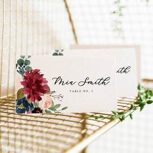 Modèle de carte de lieu de mariage, Décoration de mariage bourgogne, Cartes de lieu de Bourgogne, Carte de lieu floral, Cartes de lieu floral boho, Carte de nom de table