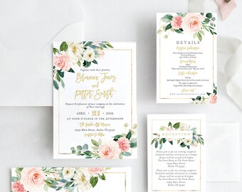 Elegant Wedding Invitation Template, Rsvp & Details Card, Calligraphy Wedding Invitation, DIY Wedding, Templett, Blush Pink Floral,Printable