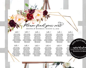 Fall seating chart wedding, Editable Seating Chart Template, Burgundy Wedding Seating Chart, Marsala Seating Chart, Wedding Seating Board