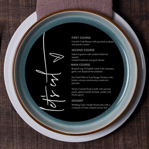 Black Wedding Round Menu Template, Round Menu Cards Template, Modern Wedding Black Dinner Menu, Elegant Menu Card Template, Minimalist