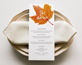 Herfst Bruiloft Menu Sjabloon, Herfst Bruiloft Tafel Decoraties, Rustieke Bruiloft Menu Herfst, Rustieke Herfst Bladeren, Bewerkbaar Menu Sjabloon DIY