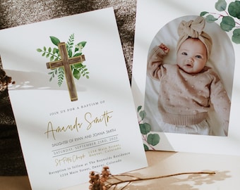 Modello per invito al battesimo di Greenery Boho, ragazza di invito al battesimo, battesimo, invito al battesimo modificabile, ragazzo con invito alla 1a comunione