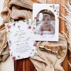Wildflower Baptism Invitation, Floral Elegant Baptism Invitation, Boho Baptism Invitation Girl, Wildflower First Communion, Cross Baptism
