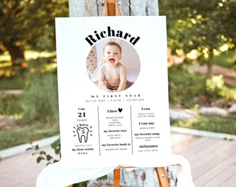Printable Baby's First Year Milestone Board Template, Editable 1st Birthday Photo Milestone Sign, Milestone Poster, Instant Download