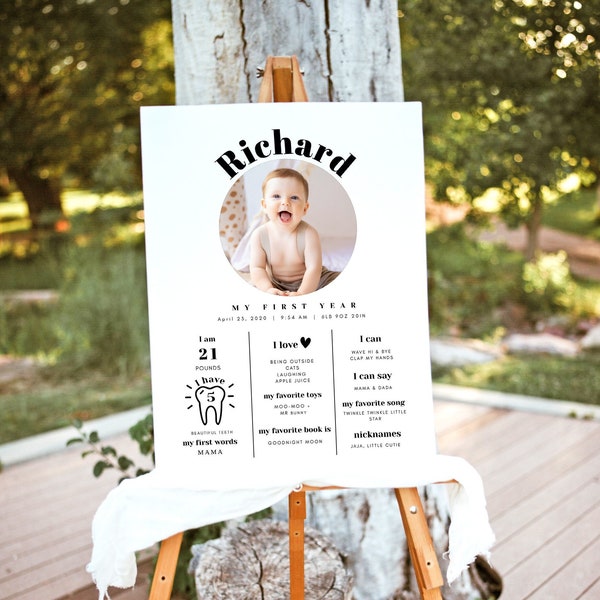 Printable Baby's First Year Milestone Board Template, Editable 1st Birthday Photo Milestone Sign, Milestone Poster, Instant Download