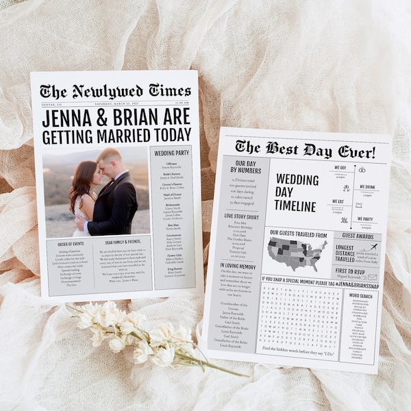 Newspaper Wedding Program Template, Newspaper Wedding Program Template, Wedding Day Post Template, The Newlywed Post, Newspaper Wedding DIY