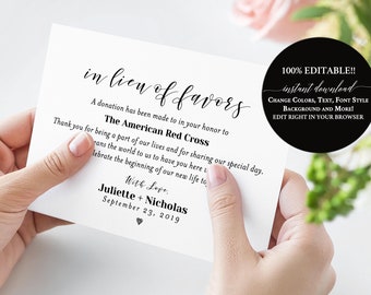 In Lieu of Card, In Lieu Of Favors Card, Donation Card, In Lieu of Favors Cards, Enclosure Card, Insert Card, Wedding Donation Card Template