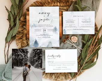 Juego de invitación de boda Avery / Pine, montaña, pino de bosque, boda rústica, plantilla editable junto al lago, descarga instantánea, Templett
