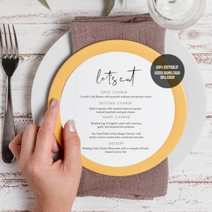 CIARA | Okrągły szablon menu, minimalistyczne karty menu weselnego, menu z imieniem gościa do wydrukowania, karty talerzy menu weselnego edytowalne DIY