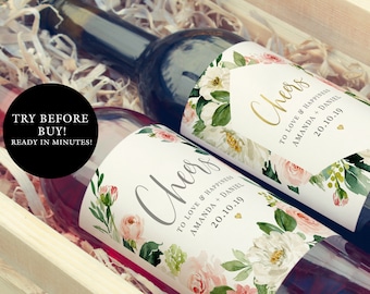 Szablon etykiety na butelkę wina do samodzielnej edycji, naklejka na wino do wydrukowania na wesele, kwiatowa etykieta na wino, boho różowa kwiatowa, etykiety na wino na wieczór panieński