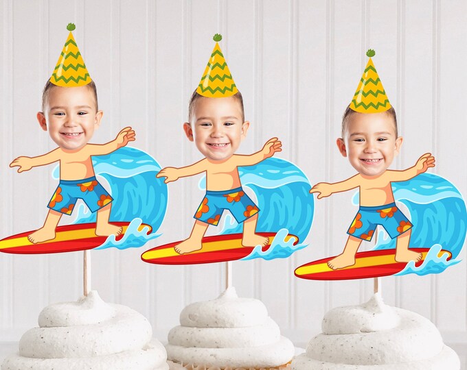 Set Decorazione Torta Compleanno Surf: 1 Cake Topper Onda E Tavolette + 12 Decorazioni Per Cupcake, Tema Spiaggia