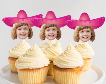 Pink Sombrero Cupcake Toppers, Pink Sombrero, Custom Cupcake Toppers with Photo, Mexican Cupcake Toppers, Printable Cupcake Toppers,  Fiesta