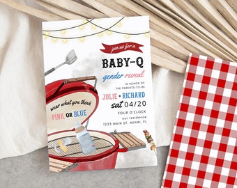 Editable Baby-Q Gender Reveal Invitation, Backyard Couples Baby Shower, He Or She, BBQ Gender Reveal Party Template, Boy Or Girl