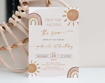 First Trip Around The Sun Birthday Invitation, Boho Sunshine Birthday Invitation Evite, Sunshine Birthday Invitation, Neutral Sun & Rainbow