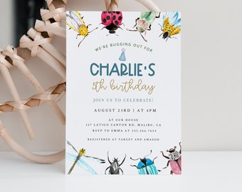 Invitación de cumpleaños de insectos, invitación de cumpleaños de insectos, invitación de cumpleaños de jardín para niño, invitación de cumpleaños para niño de 6 años, invitación editable para niño de Evite DIY