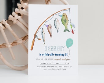 May include: A birthday invitation for an 8-year-old boy with a fishing theme. The invitation features a cartoon illustration of a fishing rod with fish on the line. The text on the invitation reads "Kennedy is o-fish-ally turning 8! Join us for some magical reel fun! Friday, July 23rd, 1-4pm, Reynolds Residence, 1234 Main St, rsvp to emma (333)564.678.223".