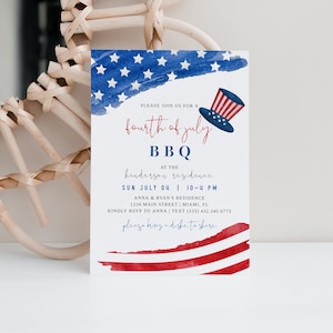 American Flag 4th of July Invitation, Fourth of July Invitation Template, 4th of July BBQ Evite, Editable July 4th Invitation, Templett