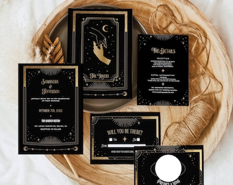 Invitación de boda con tarot, invitación de boda 'Hasta que el destino nos separe', invitación de boda para los amantes, conjunto de invitaciones de boda con cartas del tarot, oro negro