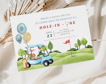 May include: A golf-themed birthday invitation with a blue golf cart, golf clubs, and balloons. The text reads "Birdies & Eagles are fun! But celebrate Brian's 2nd birthday will be a Hole-in-One. April 23 at 4:00pm, 11201 Ed Brown Rd, Charlotte. RSVP to Emma at 335-444-305 by April 17th."