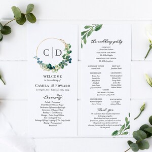 Greenery Wedding Programs, INSTANT DOWNLOAD, Wedding Program Template, 100% Editable, Bohemian Greenery, Templett, Editable Program